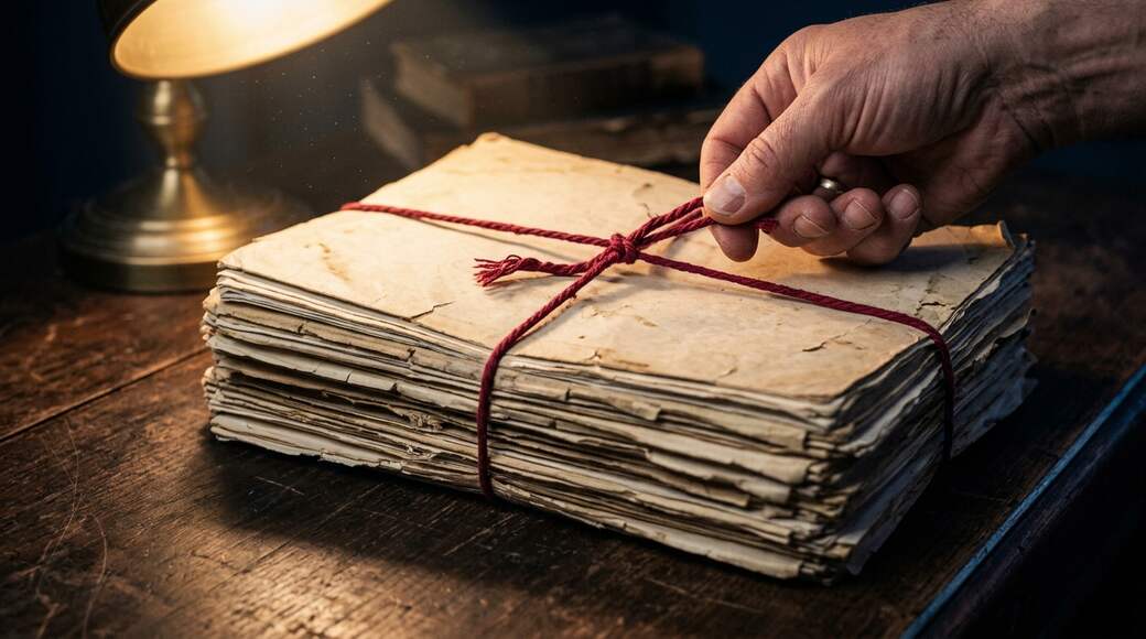 Una mano deshace el cordel rojo que ata un expediente de papel sobre una mesa de madera.